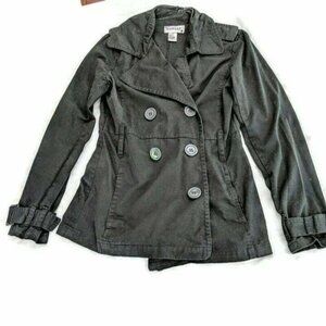 Medium Black Cotton Trench Coat/Jacket Cotton Hip double-breasted buttons 21g